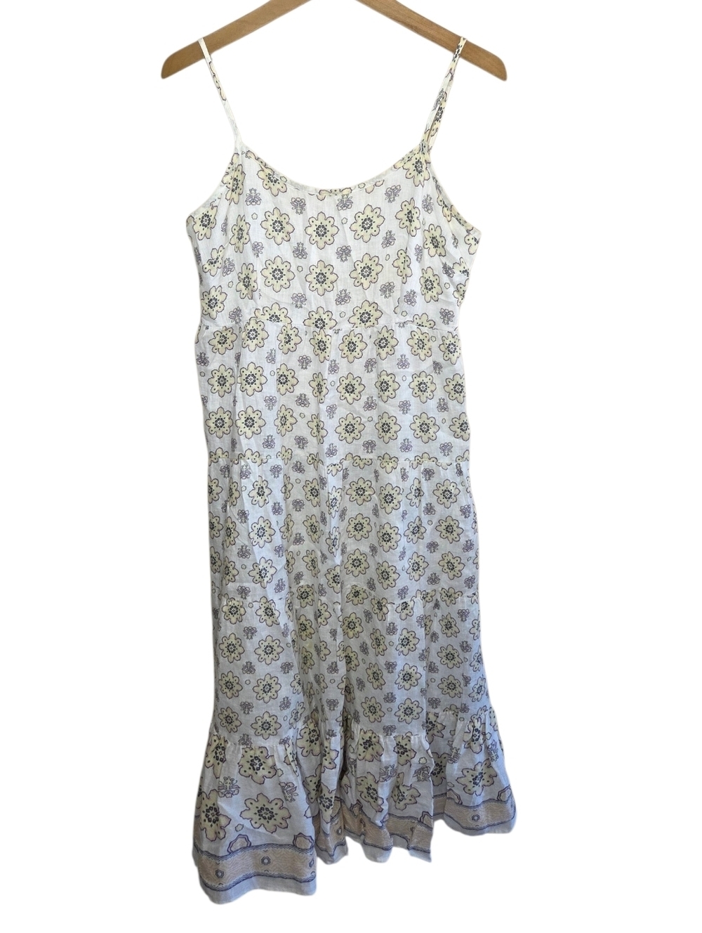 Magaschoni Ivory 100% Linen Floral Print Midi Dress Size Small Adjustable Strap